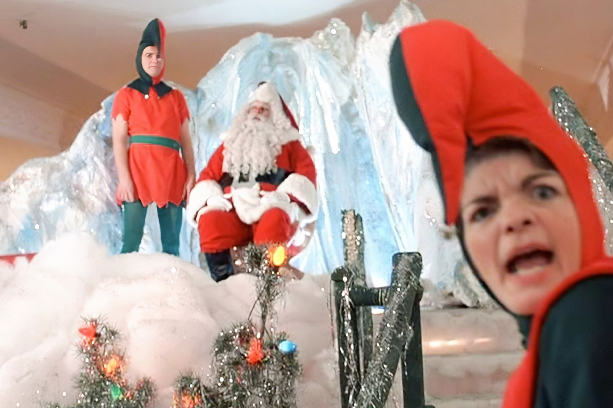 a christmas story movie, a christmas story family, santa, male elf, female elf, mall santa