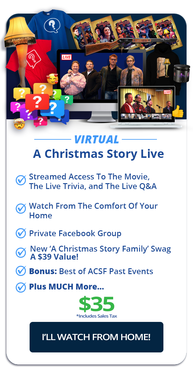 a christmas story event virtual, cast members, computer, live chat, streaming event, Facebook Group, Q and A, from home, prizes