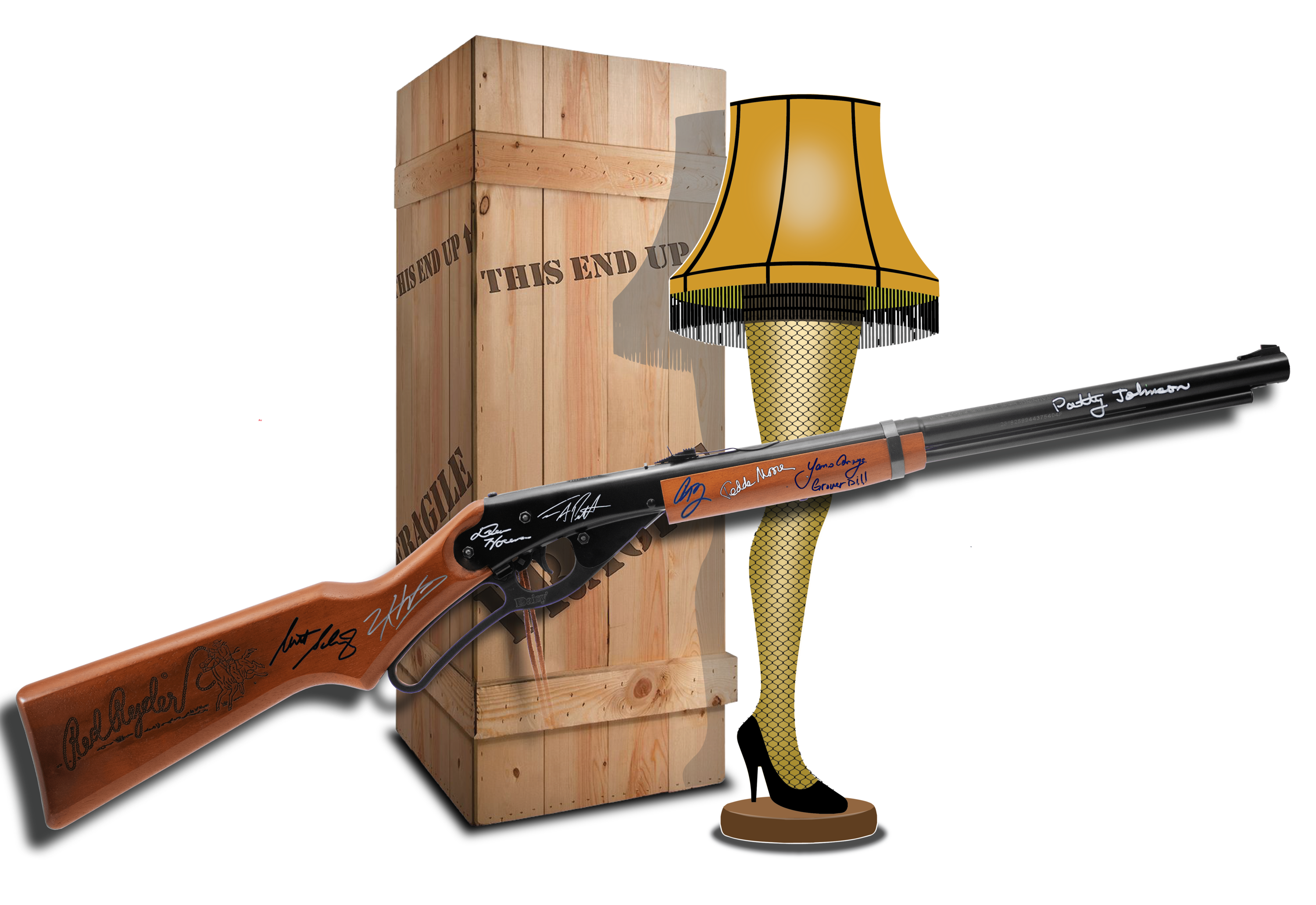 a christmas story movie, bb gun, leg lamp, crate, fragile