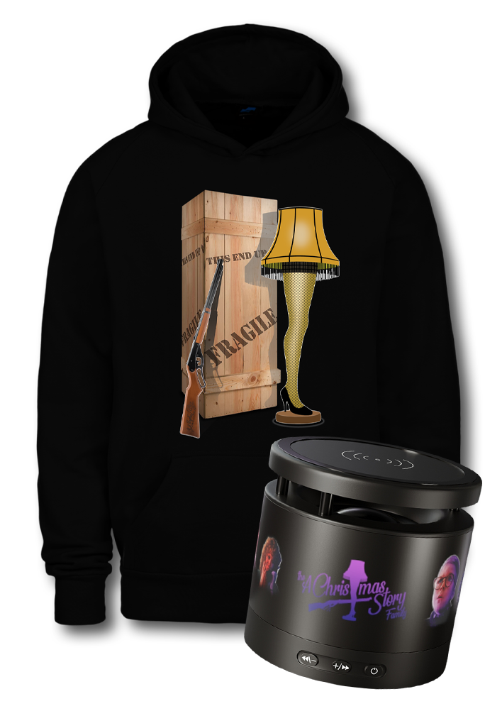 a christmas story movie, hoodie, leg lamp, bb gun, speaker, bluetooth